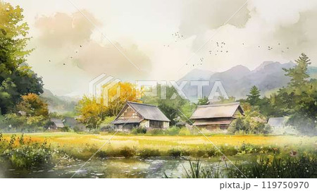 水彩画 風景画 木製フレーム付き 水彩風景画 木製フレーム付き 約21cm