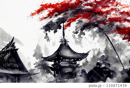 水墨画 ボタンと梅の寺の風景の絵 水墨画 ボタンと梅の寺の風景の絵