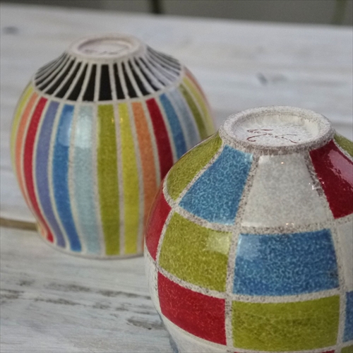 丹波立杭焼/稲右衛門窯/上中剛司/彩色カップ（市松）/Φ8 X H8.5