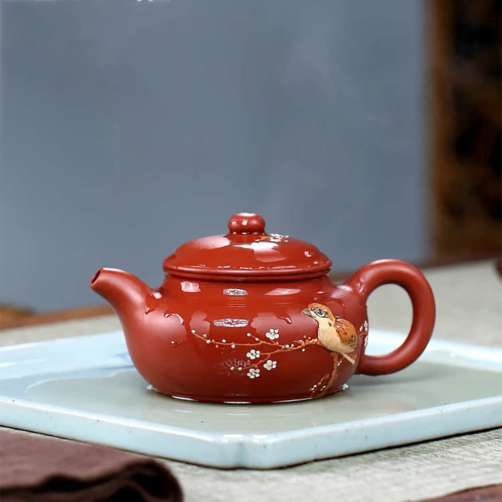 中国 紫砂 朱泥 梅に鳥彫 花瓶 在銘 V R6388 【公式通販】