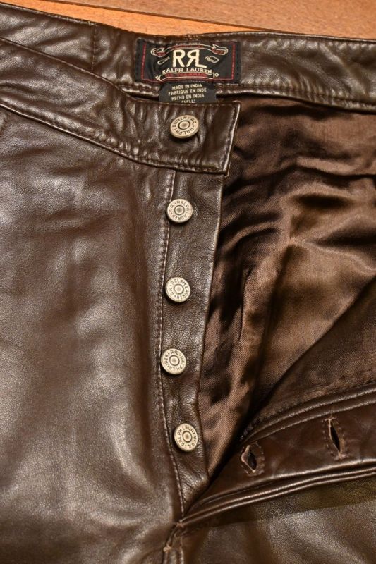 90s DEADSTOCK RRL ラルフローレン レザーパンツ 三ツ星タグ【BROWN/32