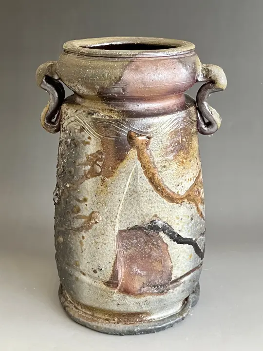 人間国宝 島岡達三 益子焼 彫絵 草花文 扁壷 角扁壷 花入 花生 花器