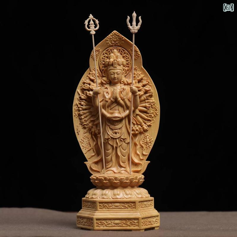 仏像 黄楊木彫刻 千手観音菩薩 立像 背面心経刻印 観音像 柘植