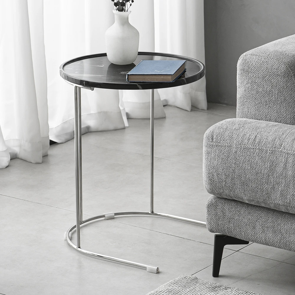 送料無料 サイドテーブル 2段式 ガラス・金属製 大理石 天板大理石