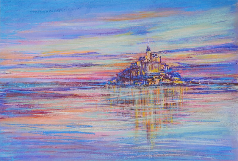 ☆夕暮れのモン・サン・ミッシェル・肉筆油彩画・F6キャンバス