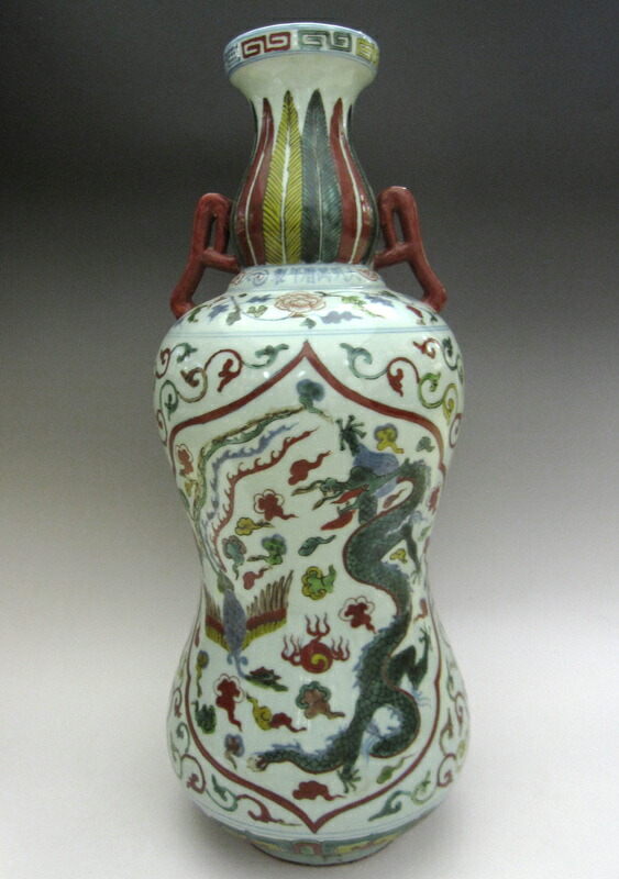 楽天市場】景徳鎮 嘉靖赤絵龍鳳凰文耳付花生 中国 壺 希少 花瓶 陶磁器