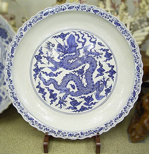 景徳鎮 青花 龍文盤 特大皿 3.5尺 直径約1m13cm 中国美術 染