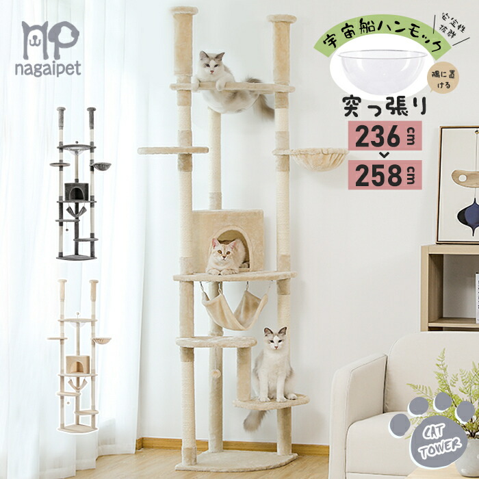楽天市場】キャットタワー 突っ張り スリム 宇宙船ハンモック 大型猫