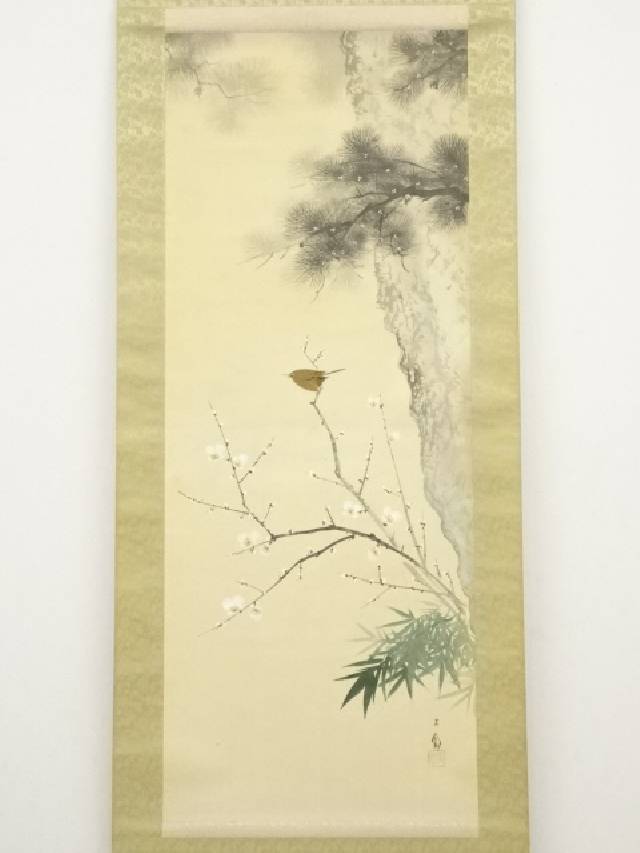 掛け軸 大鳳 梅に鶯 絹本 希少 軸装 茶道具 掛軸 美品 です。 掛け軸