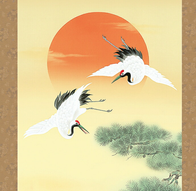 真作/竹内未明/双鶴/舞鶴/金地/鶴翔/桐共箱二重箱付/布袋屋掛軸HG-592