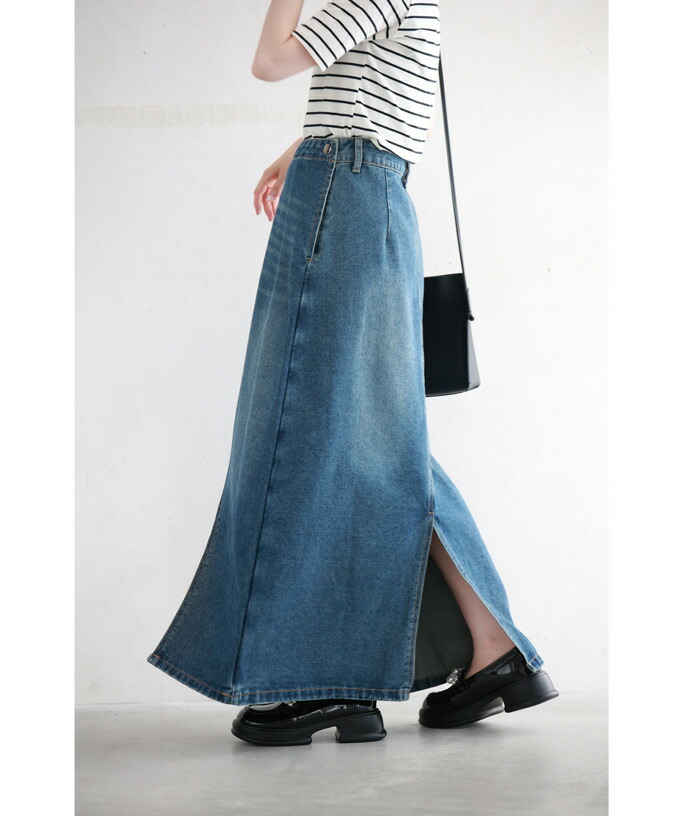楽天市場】（M~L対応）アシンメトリーデザインのデニムロングスカート