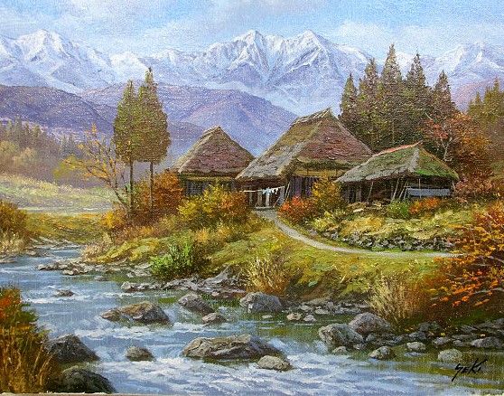 アンティーク】額縁 額装 絵画 油絵 油彩 風景画 家 山村 田舎 川