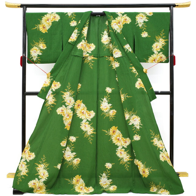 楽天市場】【中古】 夏物 小紋 薄物 着物 単衣 縮み 緑 洋花 洗える