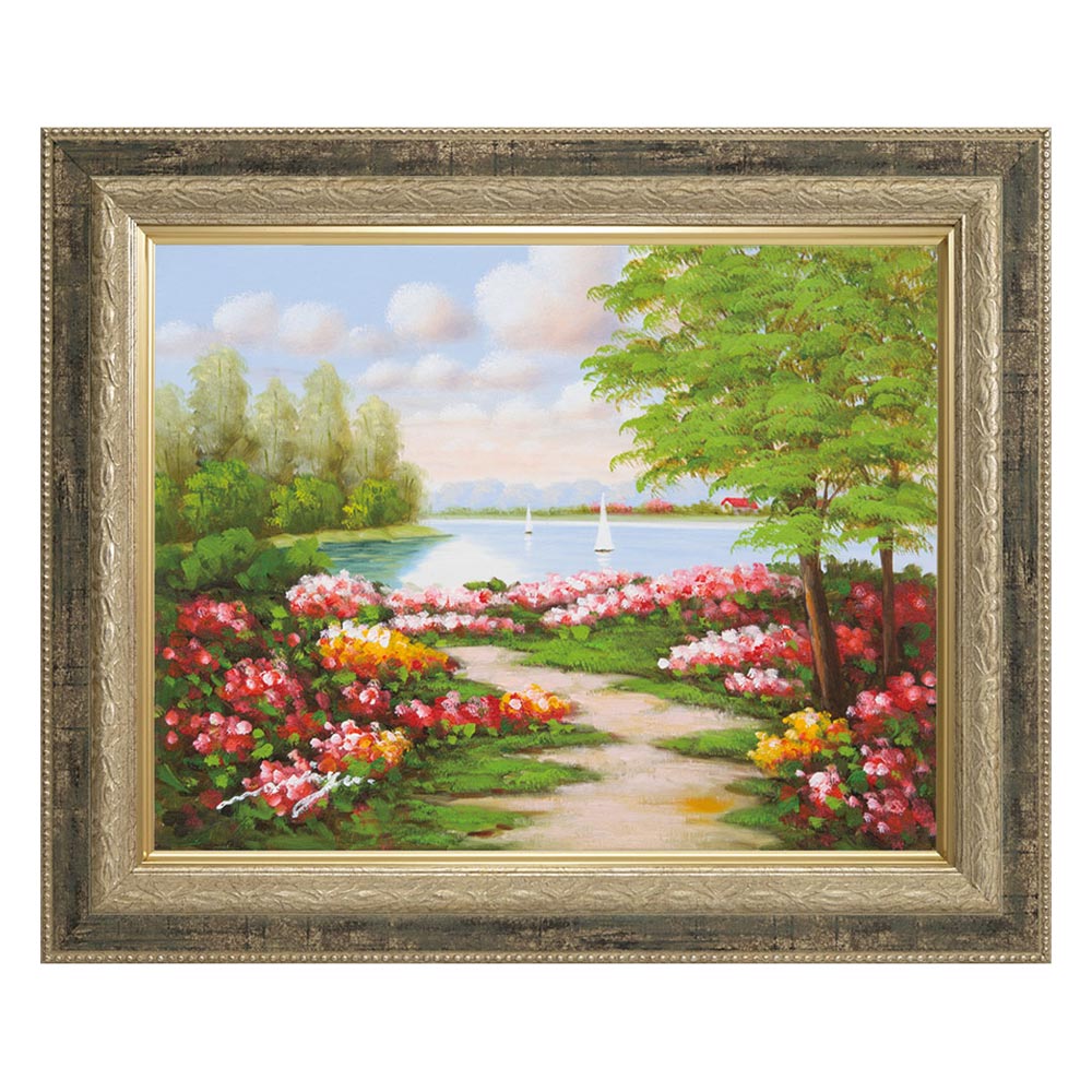 海外作者 花畑 風景画 油彩画 装飾フレーム付き 海外作者 花畑 風景画