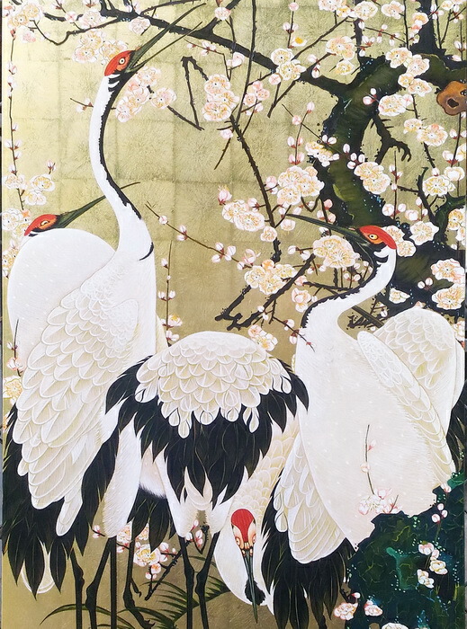 伊藤若冲 白梅群鶴図 印刷工芸品 日本画 掛け軸 掛軸 茶掛 安価ホビー