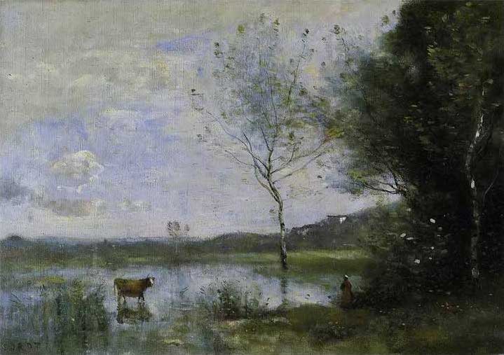 手描き 油絵 複製画 カミーユ・コロー「ヴィル・ダヴレーの朝」 額付き