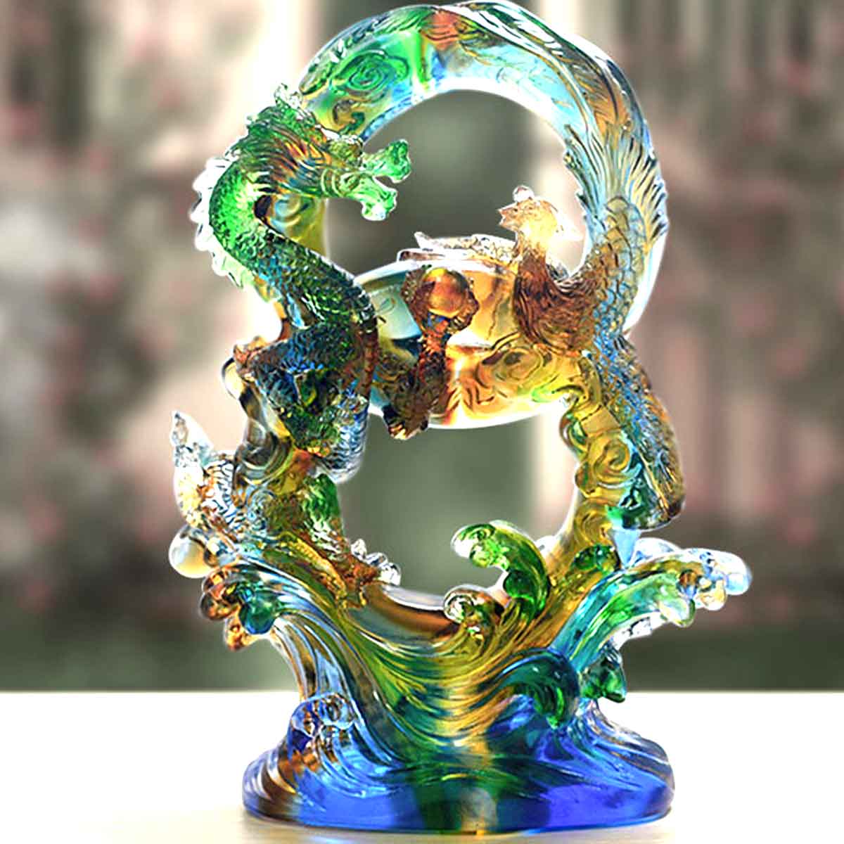 ガラス製ドラゴン彫刻 オレンジ・緑色 風水アイテム