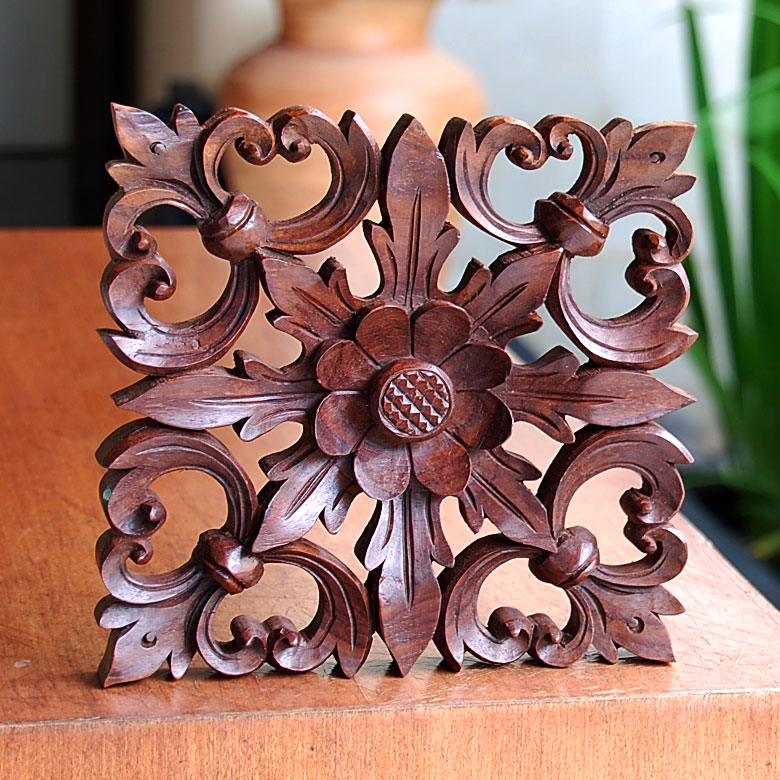 楽天市場】木彫りで出来たフラワーモチーフの アジアン レリーフ