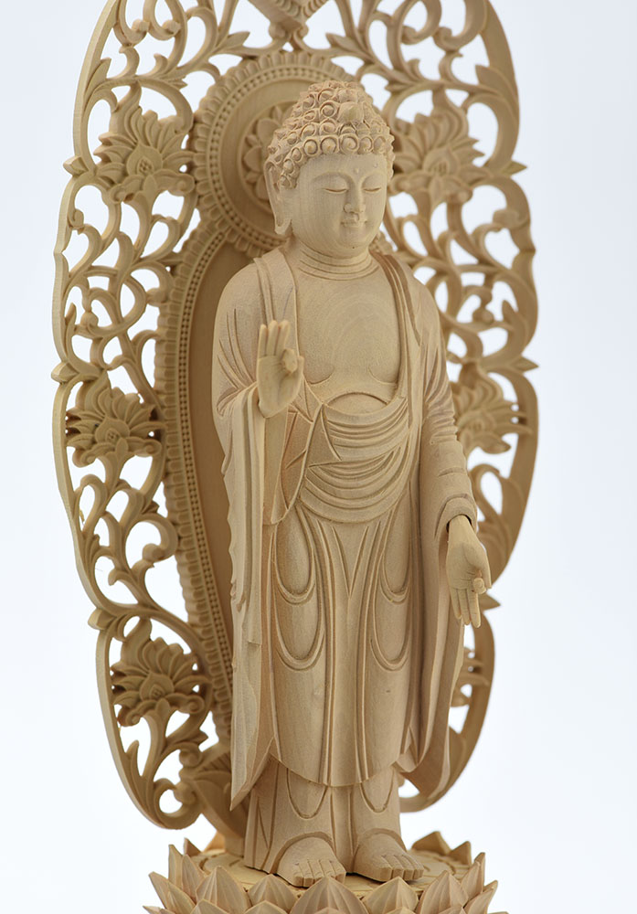 楽天市場】仏像 柘植材 八角台座 唐草光背 仏木地彫 立像 舟弥陀 4.5号