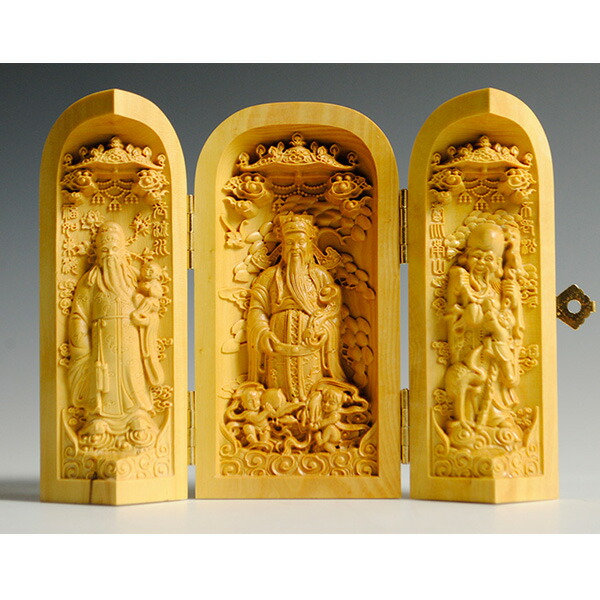 縁起物 福禄寿 彫刻人形 中国古美術 三開仏、幸福・財産・長寿を祈る仏様