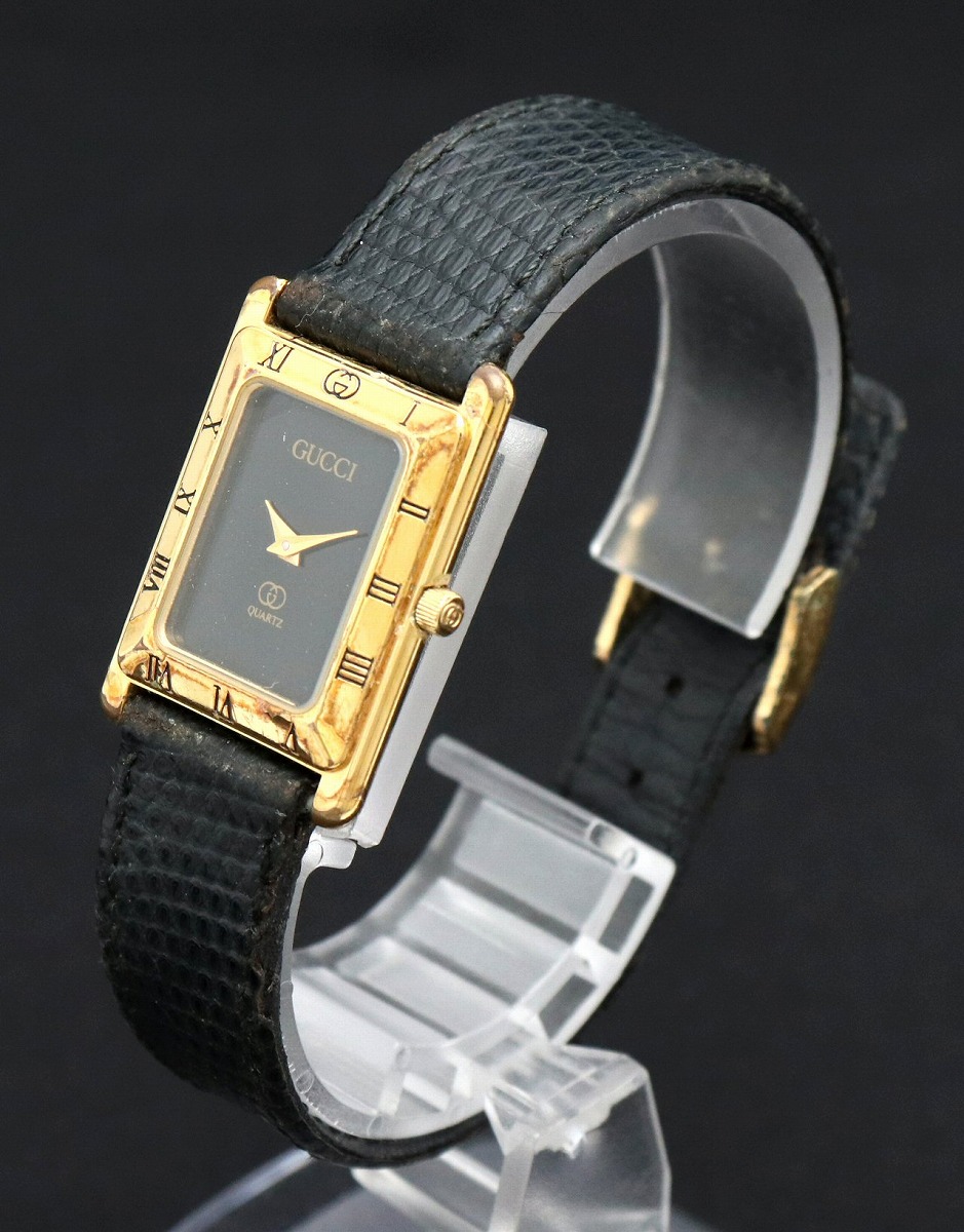GUCCI レディース 腕時計 クォーツ レザーベルト ブラック文字盤 GP