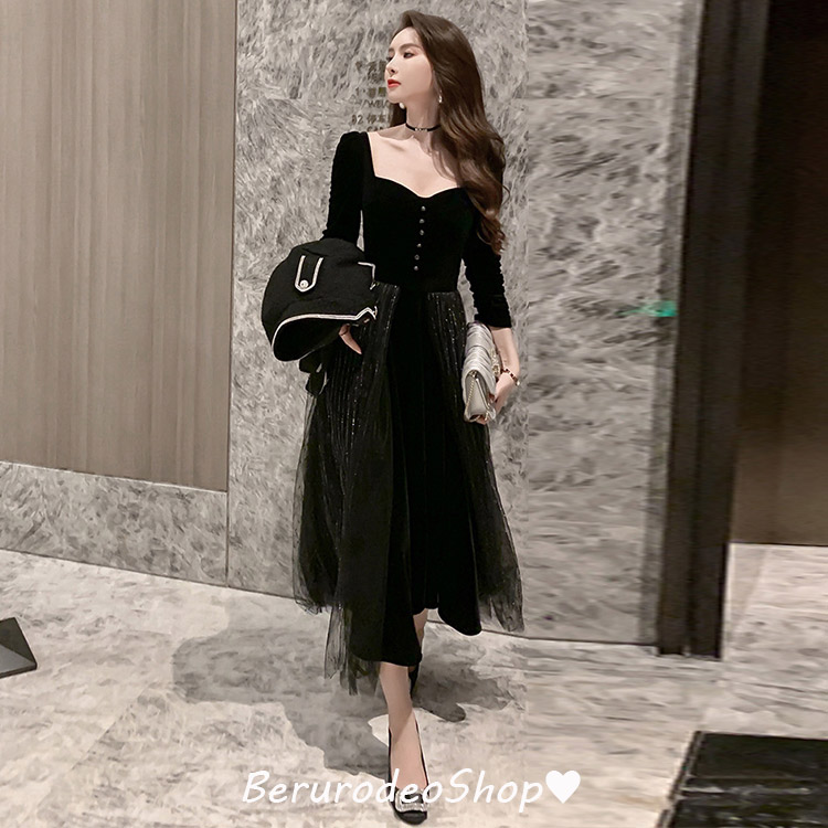 楽天市場】ワンピース ベロア ベルベット 黒 ブラック ロング