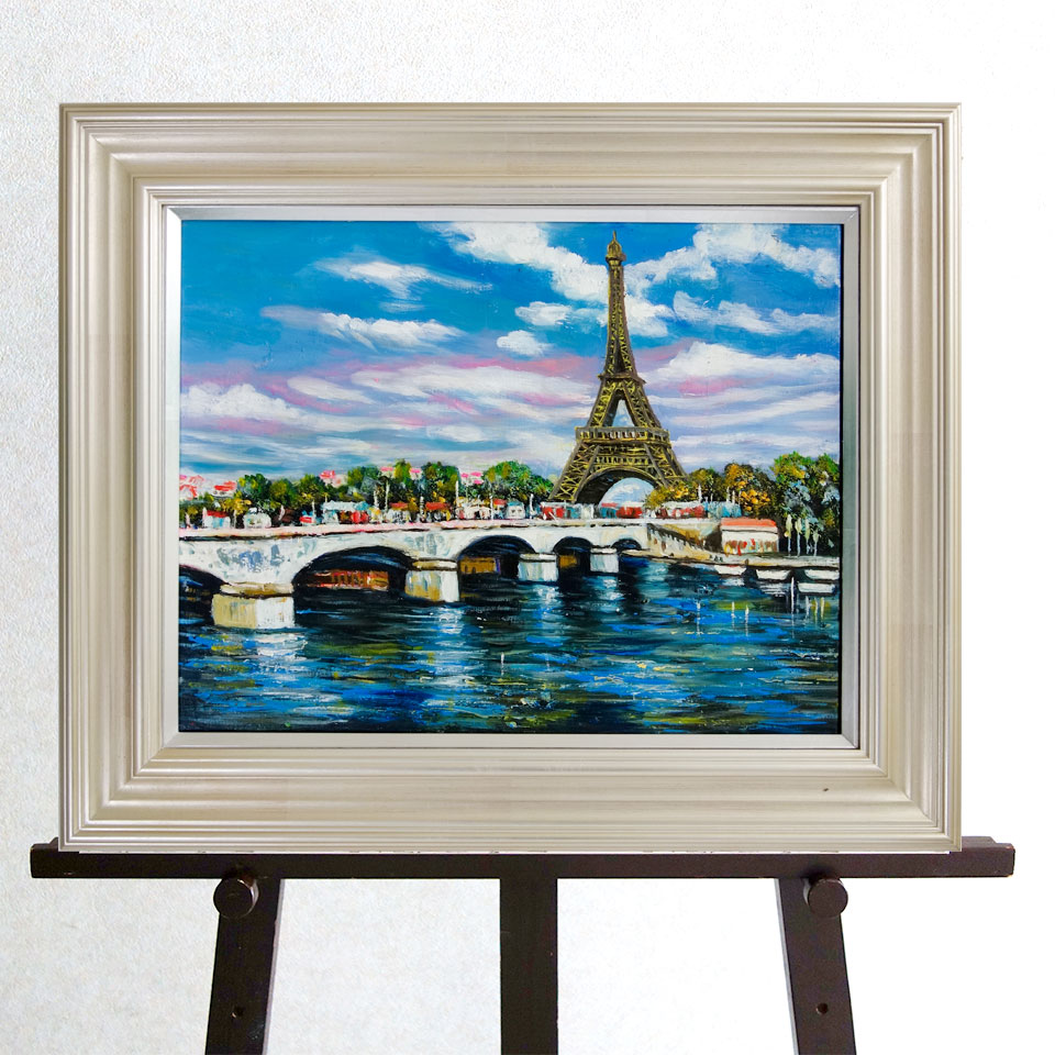 特大 絵画 油絵 肉筆 エッフェル塔 セーヌ川 パリ フランス