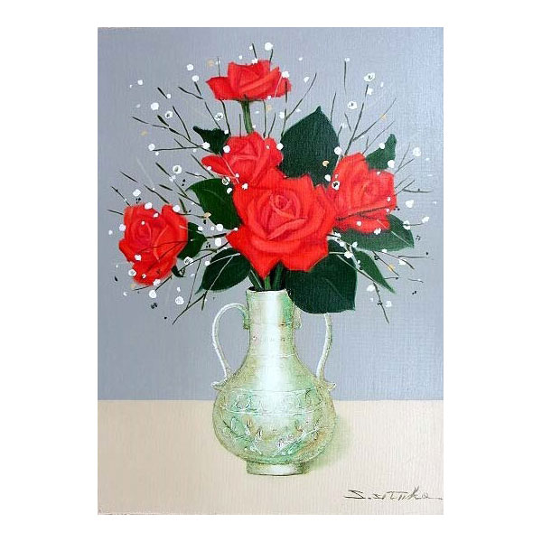 油絵 赤白ボーダーの花瓶と花 油絵 赤白ボーダーの花瓶と花 油絵 赤白