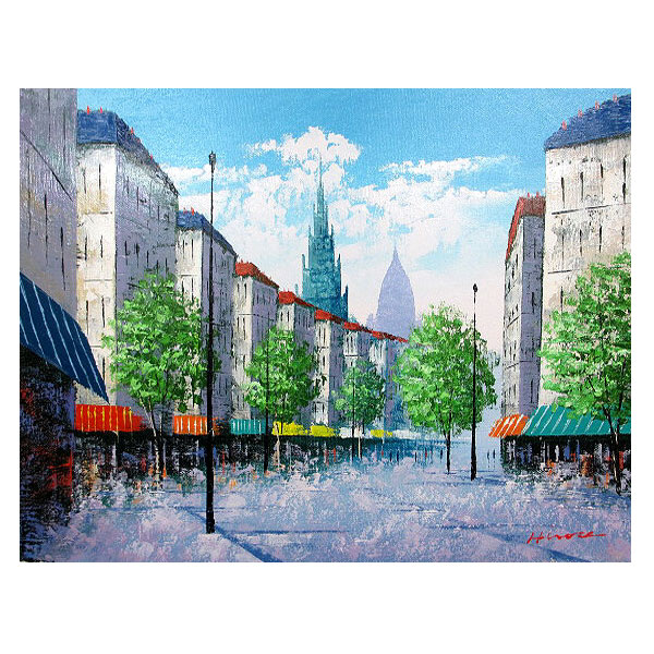 大聖堂風景 作者不詳 油絵 額61×33絵57×28cm ヨーロッパ街の風景 大