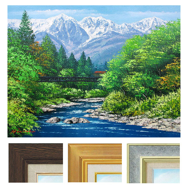 油彩画 :雪解けの春 山と川の風景＊絵画 原画 油絵 風景画 冬 油彩画