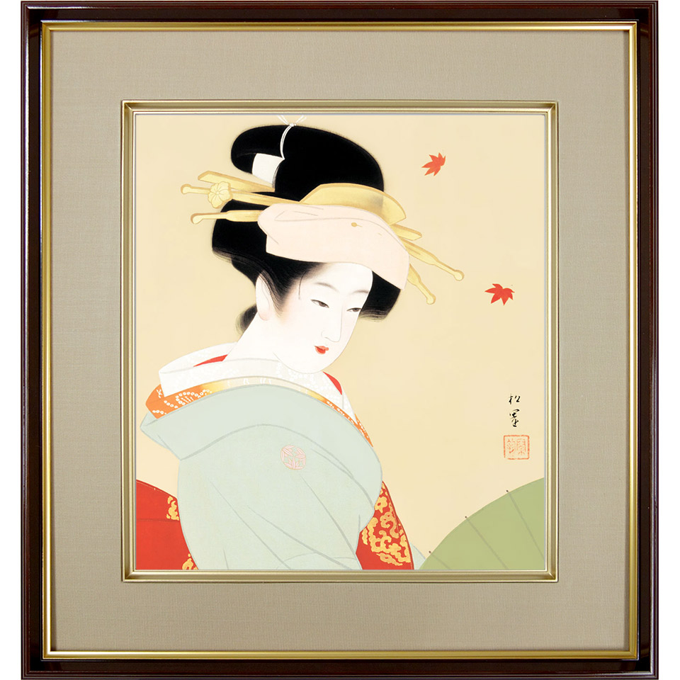 上村松園 『 若葉 』 美人画 名品 複製 色紙 希少 茶道具 美品です