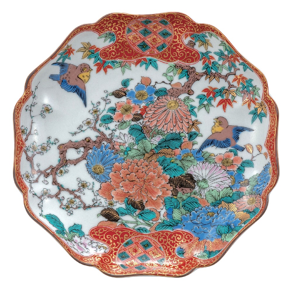 時代 九谷庄三 出来良 金蘭手ウズラ図大皿 直径約39㎝東