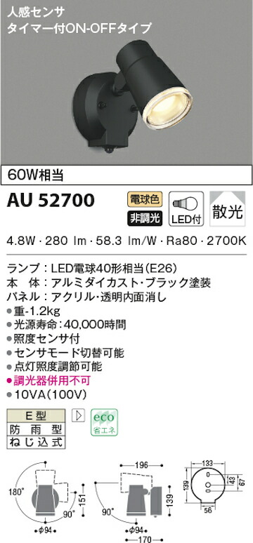 楽天市場】コイズミ照明 AU52700 防雨型スポットライト 人感センサ付