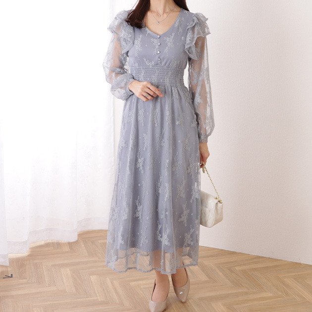 楽天市場】フリル付き フラワー チュール Vネック ワンピース 女性