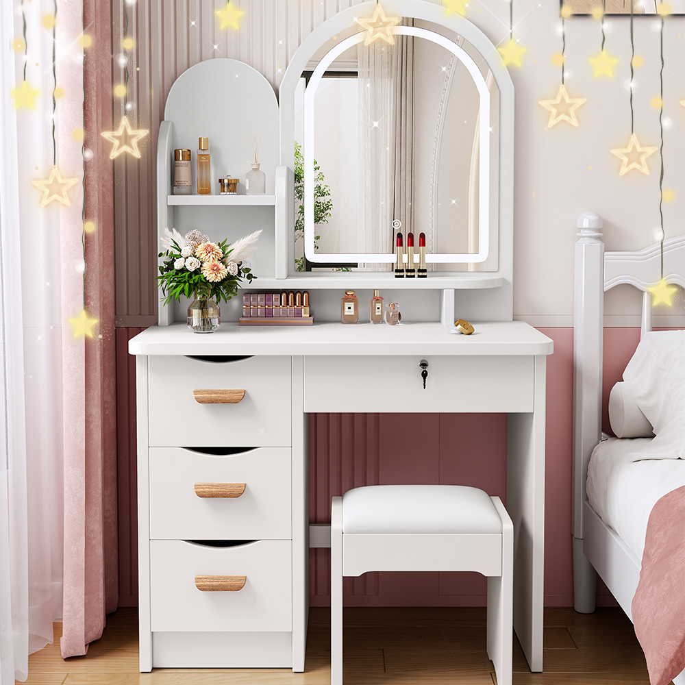 ホワイトドレッサー・鏡台 LED照明付き 訳あり品 写真をご確認 J102-①