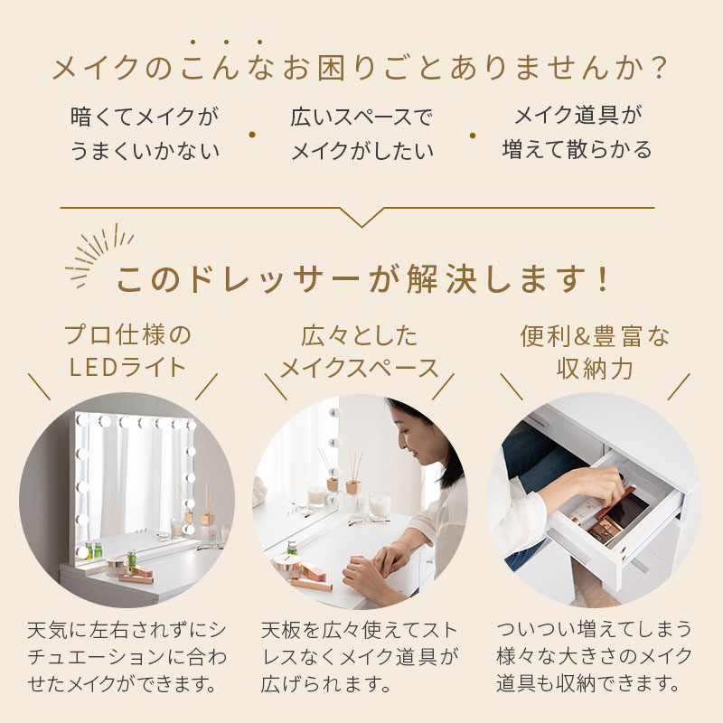 楽天市場】LEDライト付き ドレッサー 3点セット 鏡台 椅子付き デスク