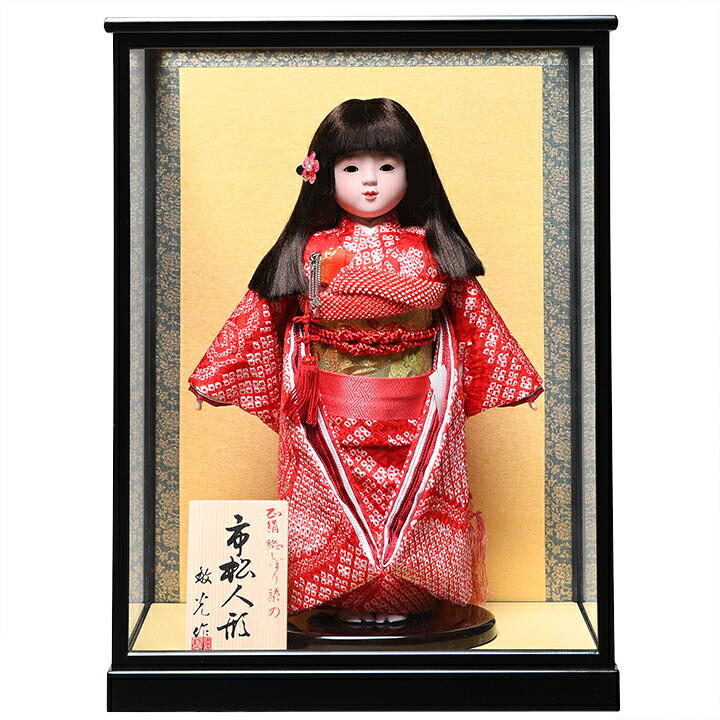 日本人形 ガラスケース入り 黒赤衣装