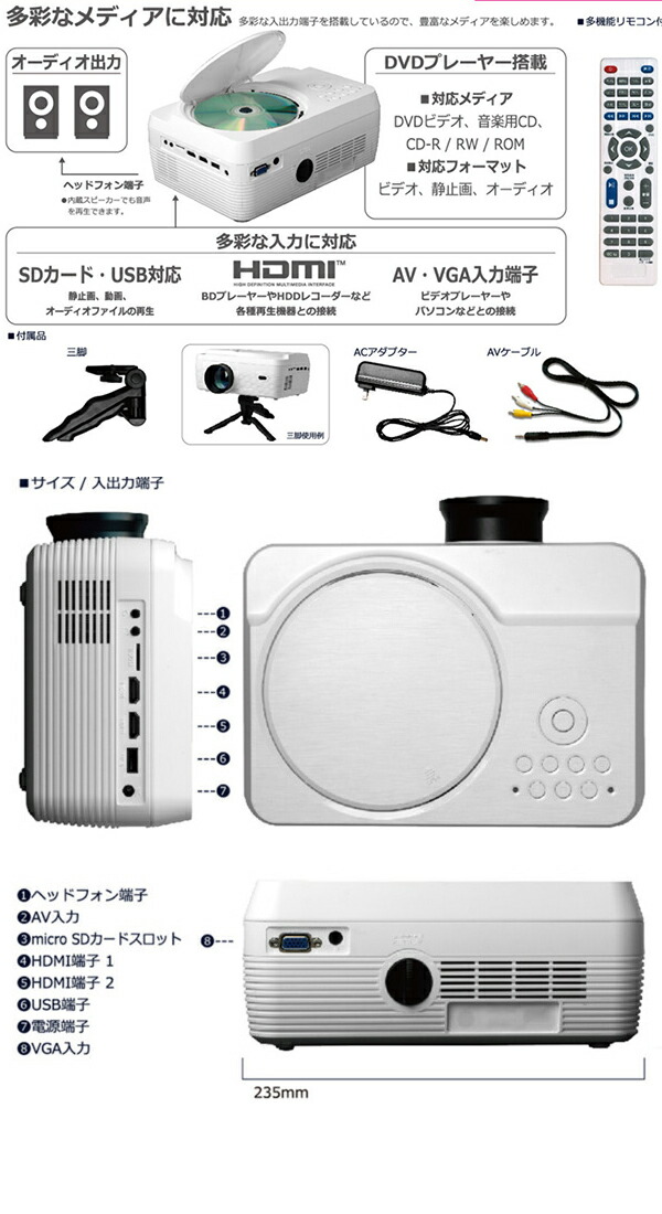 楽天市場】DVDプロジェクター DVD再生 大画面投影 台形補正機能 高輝度