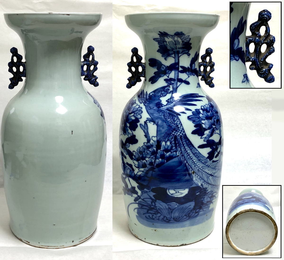 中国古玩 染付 双耳 大花瓶 高約43.2cm 清朝 時代物 中国美術 花瓶