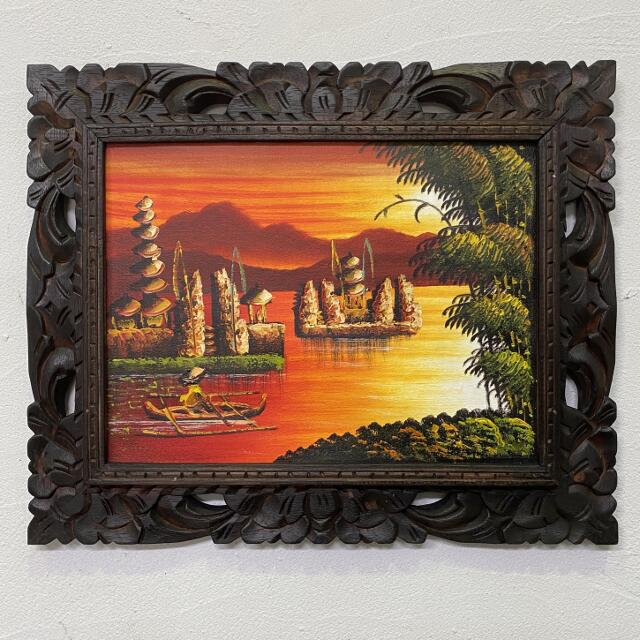 バリの風景 油彩画 PADE KETUT BONGKASO 寺院お祭り図 額装 バリの風景