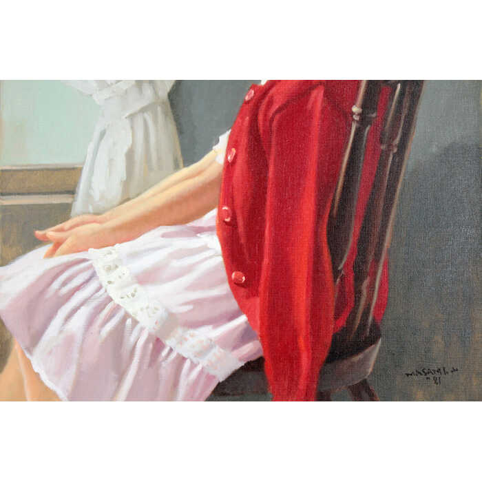 絵画油彩画少女山岸正巳「赤いカーデガン」