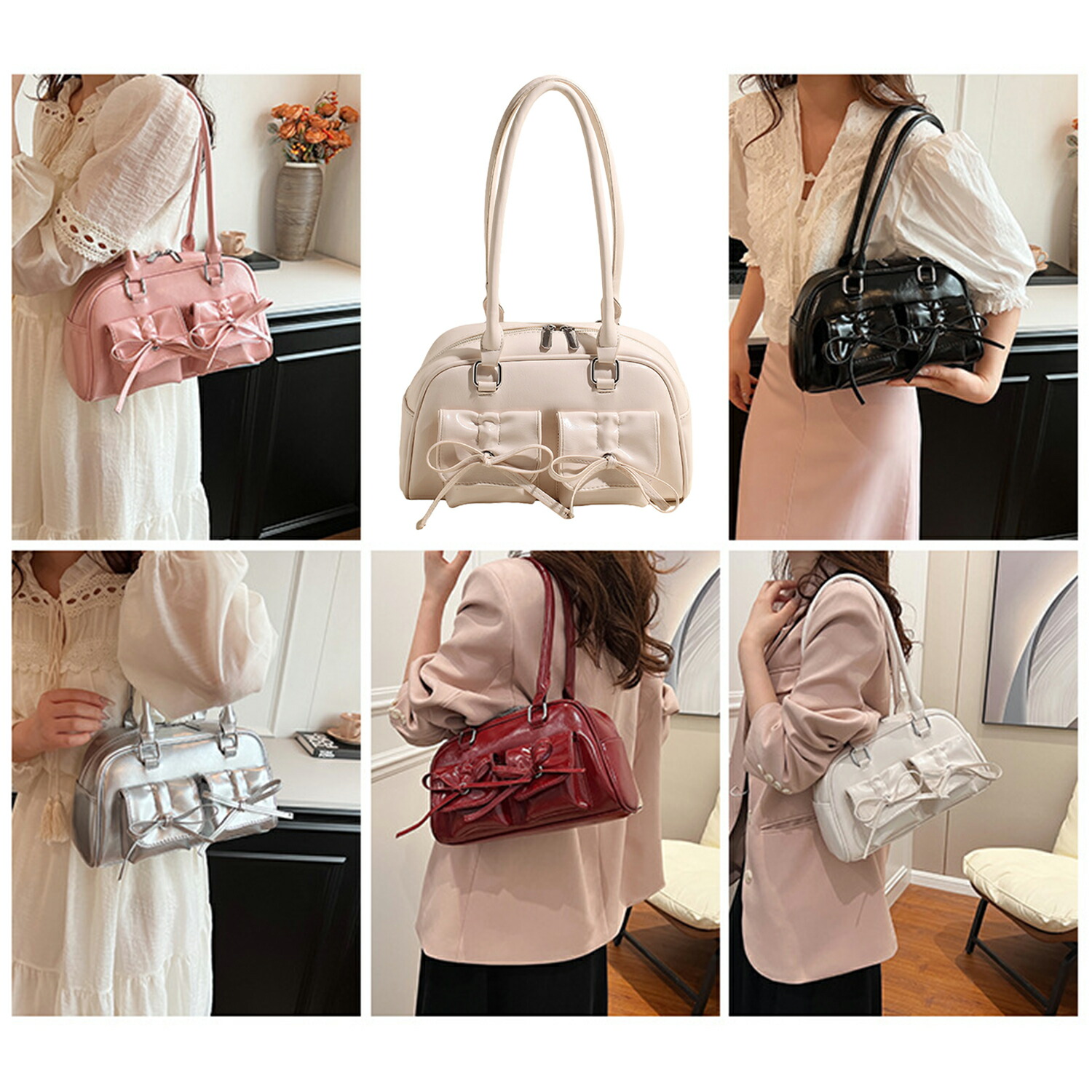 pium リボンポケットエナメルミニボストンバッグ リボンポケット