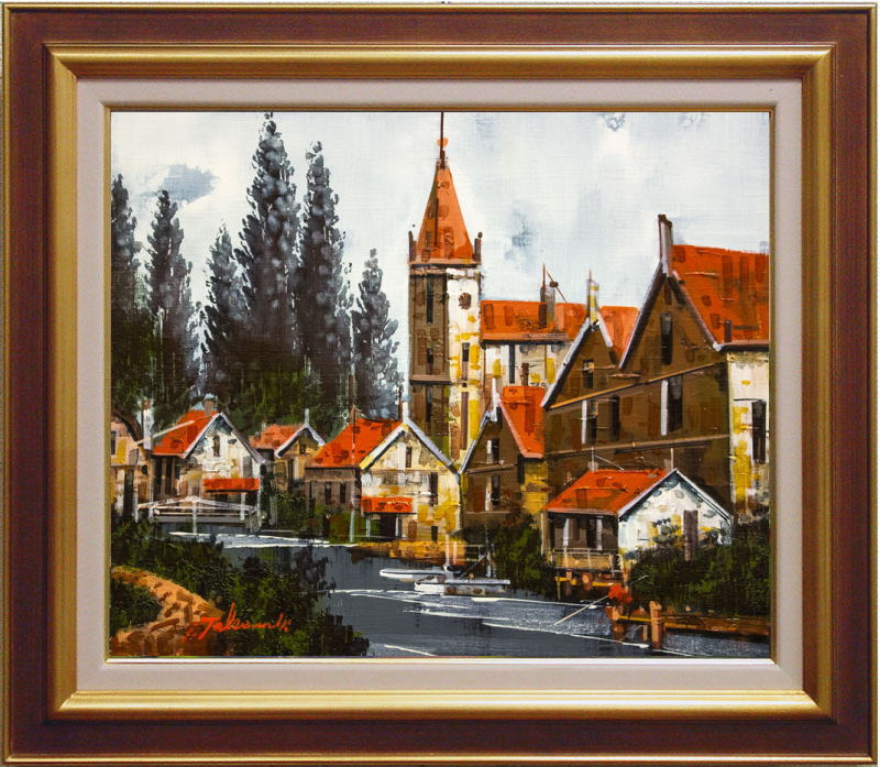 竹内敏彦 絵画 油絵 肉筆油絵 風景画 湖畔 古城 F10 竹内敏彦 絵画