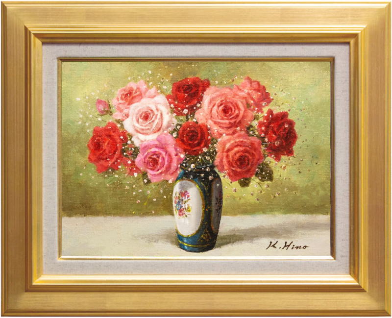 肉筆 真作 絵画 花瓶の薔薇の油彩画 美術品 ア-ト インテリア 静物画