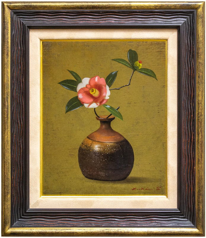 真作】絵画 ほしのてつを 油彩0号（板絵） 椿 1972年作 静物画 X167 真