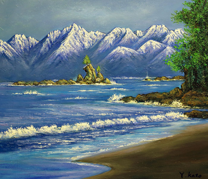 海辺の蜜柑」 手描き 油絵 風景画 原画 油彩画 海辺の蜜柑」 手描き