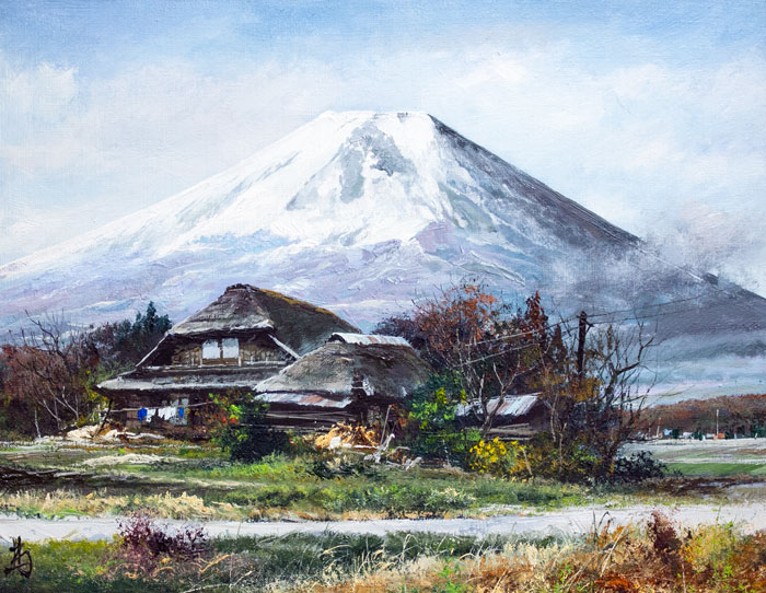 絵画 インテリア 絵 額付(白) 油絵 F6-081911 風景（冬の富士山） 油絵
