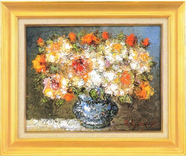 真作」渡部ひでき「薔薇」静物画 油彩画 額装 サイン有り F6号 楽天