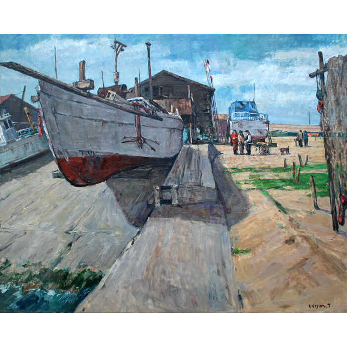 ☆川 雅吉☆「 滞船(北ドイツ） 」油絵 SMサイズ 良好！ ☆川 雅吉☆「