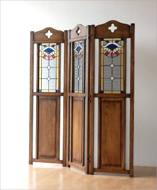 曙工芸製作所 高級ステンドスクリーン アンティークパーテーション4連